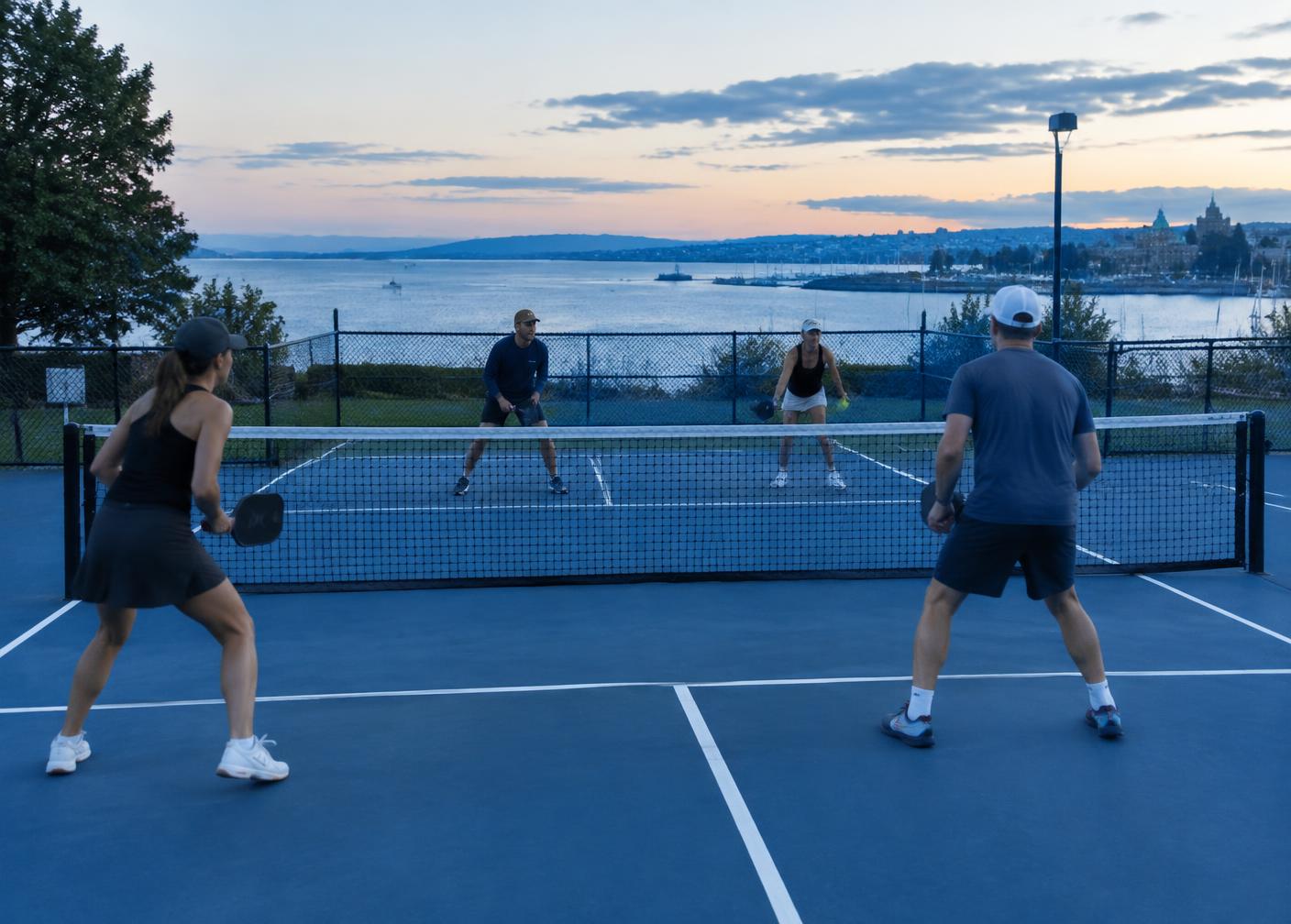 Friends playing pickleball above the Victoria harbour at sunset